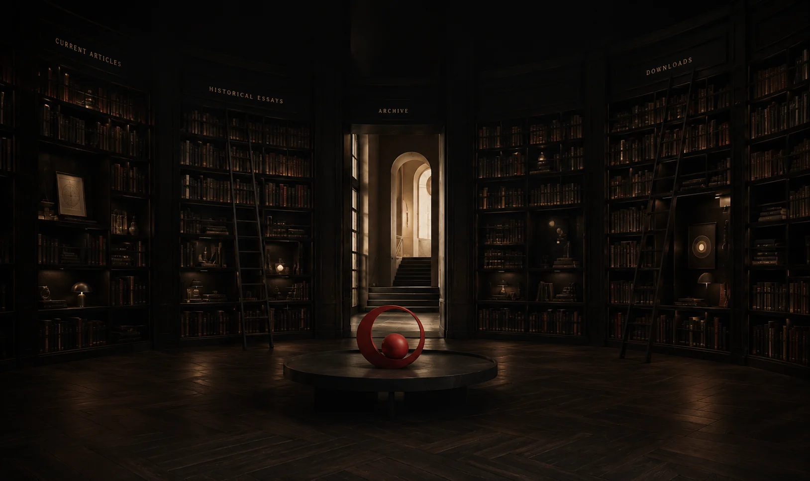 A dark reading room with shelves for current articles, historical essays, downloads and the archive