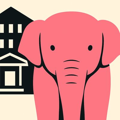Roze olifant bij scheef huis