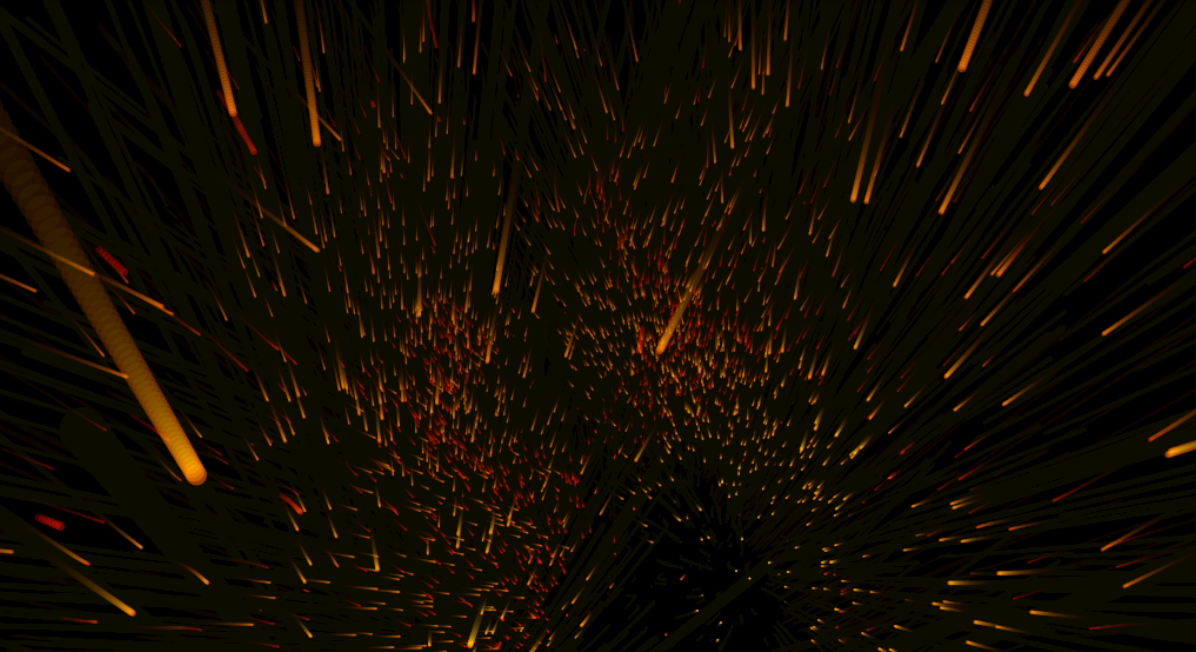 Gold and red particles descending through a dark spatial field