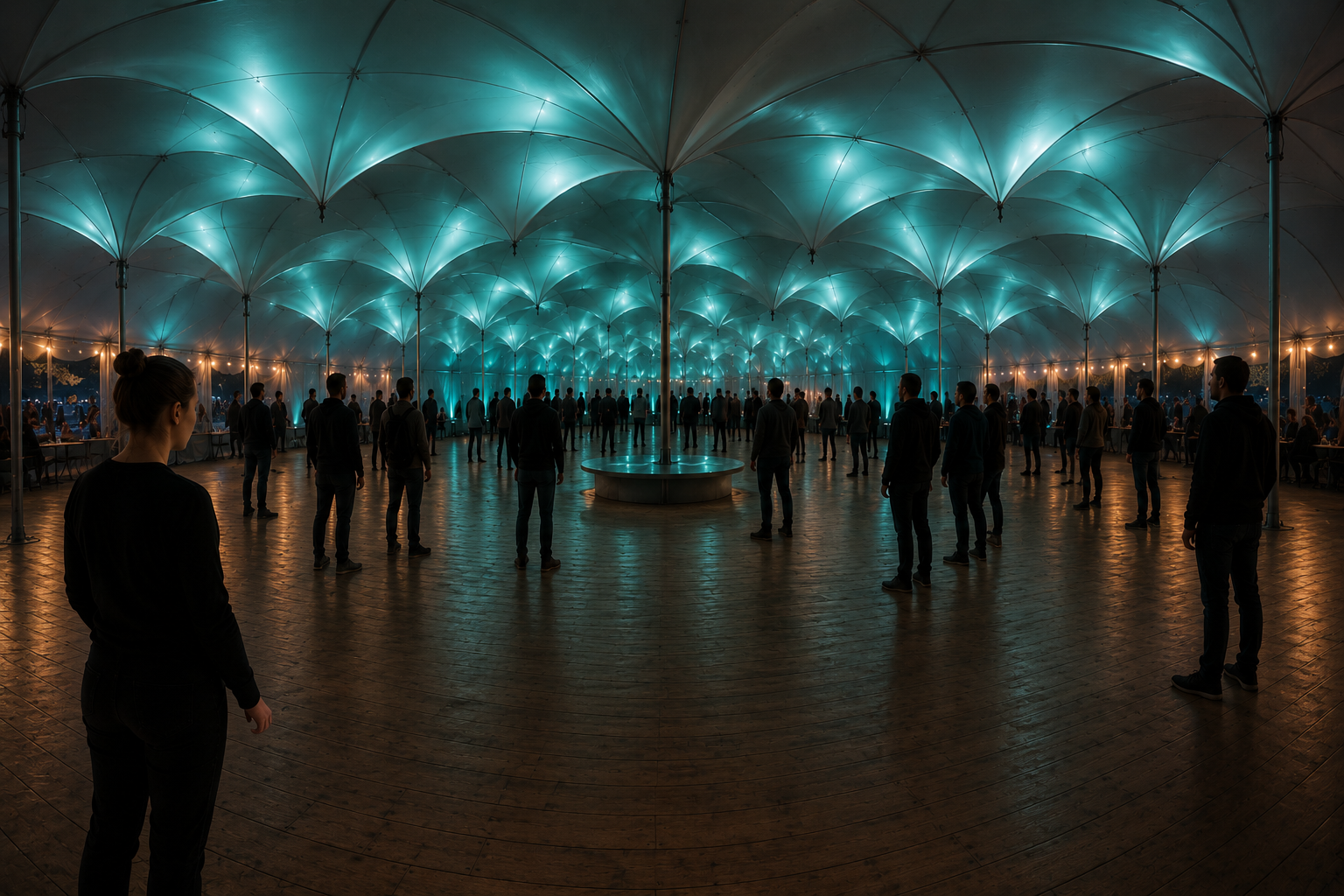 A responsive architectural canopy glowing with collective rhythm