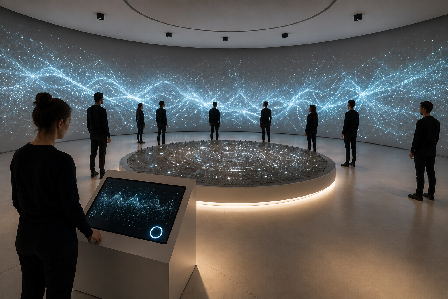Visitors observing pressure patterns across an immersive room