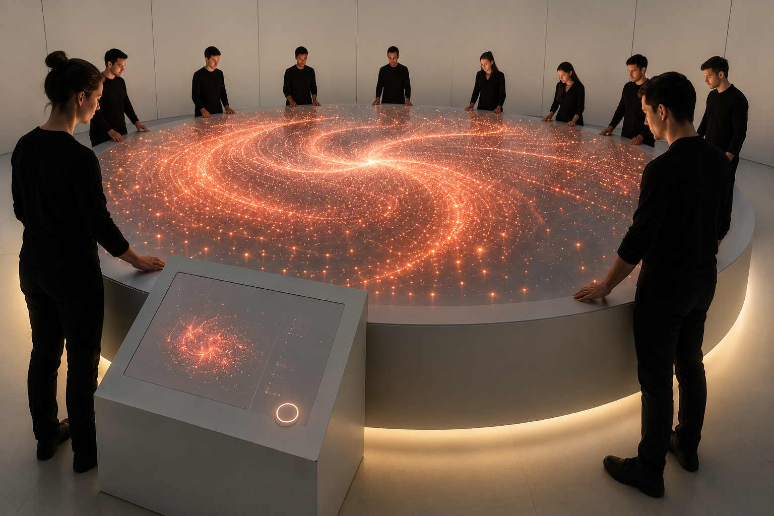 People gathered around a luminous interactive swarm table